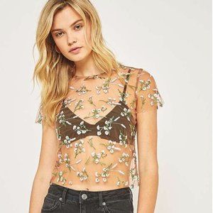 Urban Outfitters Nude Sheer Embroidered Floral Top